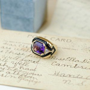 18ky Amethyst, Diamond and Black Onyx Ring